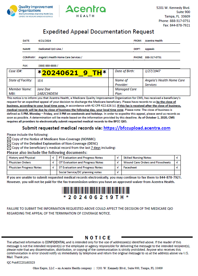 Expedited Appeal Documentation Request Example